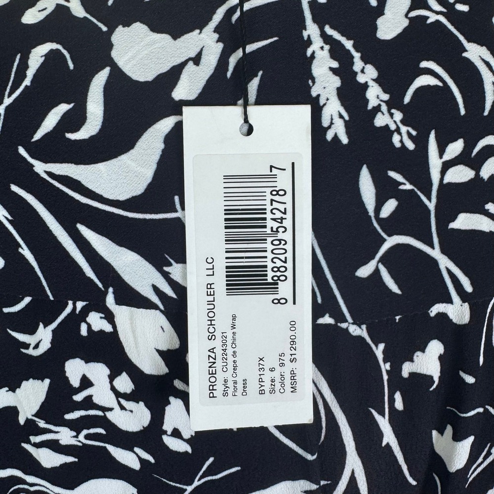 New Proenza Schouler Crepe De Chine Black White Floral Wrap Midi Dress Sz 6 - Picture 9 of 16